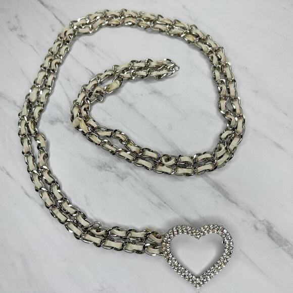 Rhinestone Heart Silver Chain Link Belt Y2K Festival One Size (OS) ✨ - Picture 1 of 16
